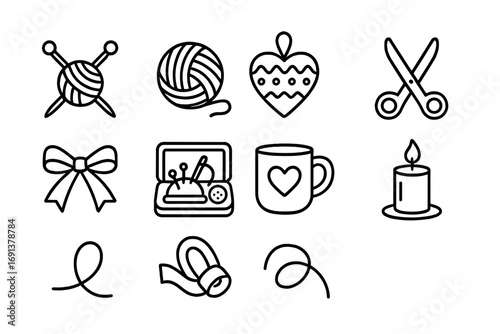 Handmade Crafts Icons. Outline icon set of handmade crafts for charity: knitting needles, yarn ball, handmade