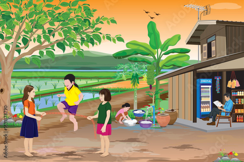 Three girls are having fun playing jump rope in front of a small shop in the countryside.