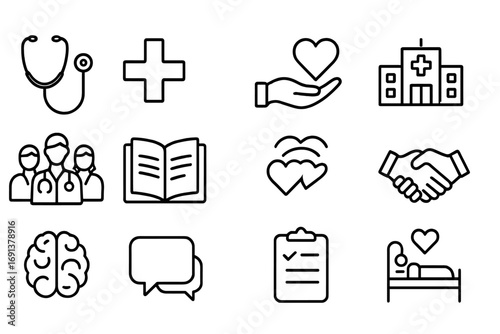Medical Empathy Icons. Outline icon set of medical empathy training: stethoscope, medical cross, heart in palm, hospital building,