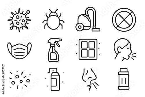 Allergen Reduction Icons. Outline icon set of reducing allergens: pollen grain, dust mite, vacuum cleaner,