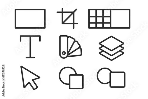 Design Tool Icons. Outline icon set of banner layout tools: frame, crop tool, grid, text box, color palette,