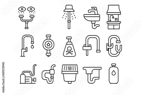 Medical Plumbing Icons Grid. Outline icon set of Medical and laboratory plumbing layout: eye wash station, emergency shower, lab
