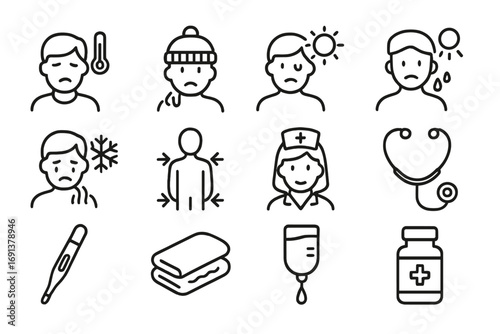 Medical Thermoregulation Icons. Outline icon set of medical aspects of thermoregulation: fever icon, hypothermia icon,