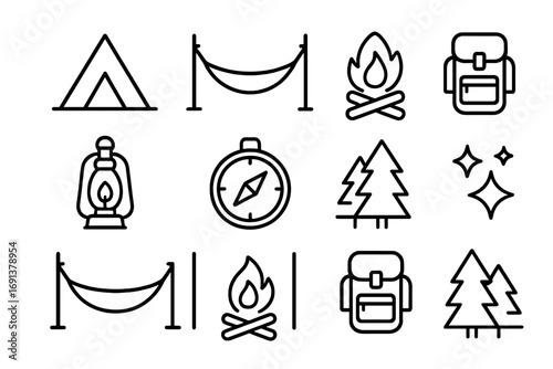 Camping Icon Set. Outline icon set of camping with hammocks: tent, hammock, campfire, backpack, lantern,