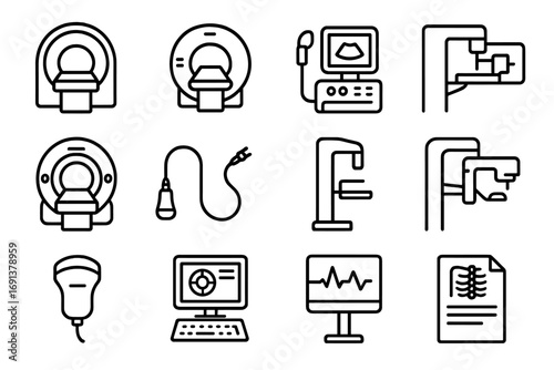 Medical Imaging Icons. Outline icon set of Medical imaging technology: MRI scanner, CT scanner, ultrasound machine, X-ray machine,