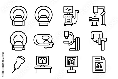 Medical Imaging Icons. Outline icon set of Medical imaging technology: MRI scanner, CT scanner, ultrasound machine, X-ray machine,