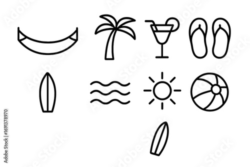 Tropical Hammock Icons. Outline icon set of tropical hammock vibes: hammock, palm tree, cocktail glass,