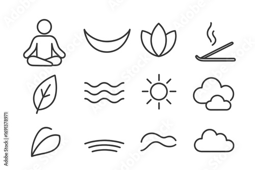 Hammock Meditation Icons. Outline icon set of hammock meditation: person meditating, hammock, lotus flower,