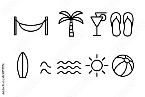 Tropical Hammock Icons. Outline icon set of tropical hammock vibes: hammock, palm tree, cocktail glass,