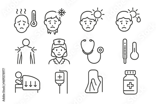 Medical Thermoregulation Icons. Outline icon set of medical aspects of thermoregulation: fever icon, hypothermia icon,