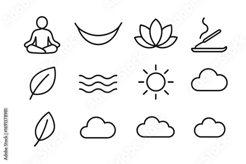 Hammock Meditation Icons. Outline icon set of hammock meditation: person meditating, hammock, lotus flower,