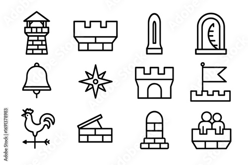 Medieval Icon Collection. Outline icon set of Towers & battlements: lookout tower, crenellations, arrow slit, spiral stair door,