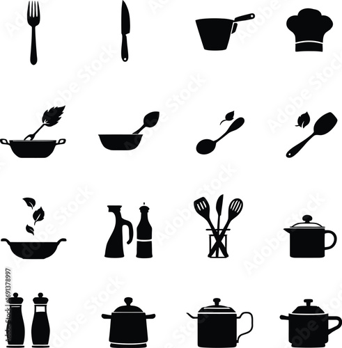 Collection of black silhouettes of tea and coffee utensils kitchen food cooking
