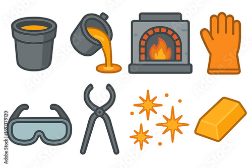 Metal Melting Icons. Flat vector mini-illustrations Metal melting in a furnace in colors children’s illustrations: crucible,