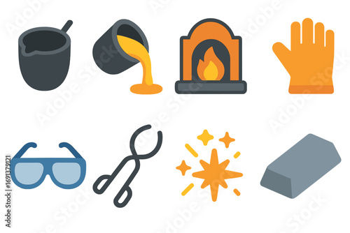 Metal Melting Icons. Flat vector mini-illustrations Metal melting in a furnace in colors children’s illustrations: crucible,