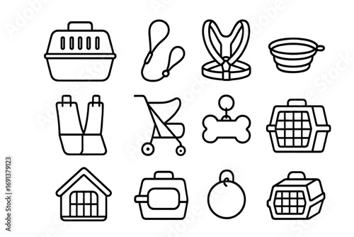 Pet Travel Essentials Icons. Outline icon set of travel with pets: pet carrier, leash, harness, collapsible