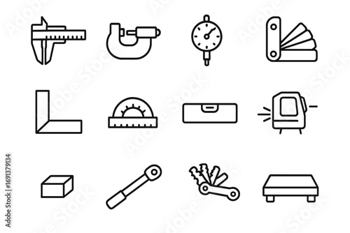 Metrology Tool Icons. Outline icon set of Metrology & alignment: caliper, micrometer, dial indicator, feeler gauge, try square,