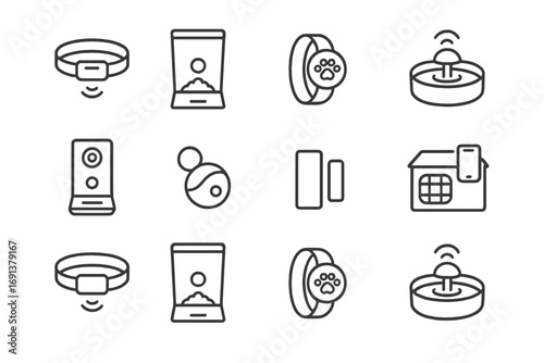 Smart Pet Device Icons. Outline icon set of smart pet devices: GPS collar, smart feeder, activity tracker,