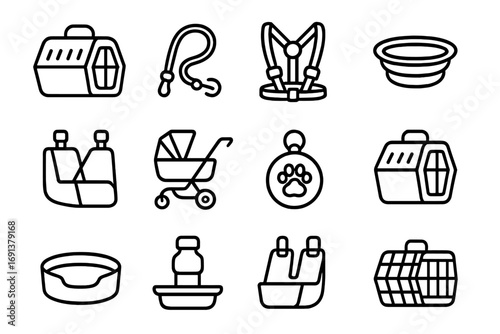 Pet Travel Essentials Icons. Outline icon set of travel with pets: pet carrier, leash, harness, collapsible