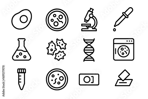 Microbiology Icon Set. Outline icon set of microgravity cell and microbiology research: cell icon, petri dish, microscope, pipette