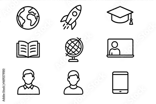 Microgravity Education Icons. Outline icon set of microgravity educational outreach tools: planet Earth, rocket, graduation cap,