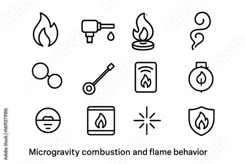 Microgravity Combustion Icons. Outline icon set of microgravity combustion and flame behavior: flame icon, gas nozzle, burner,