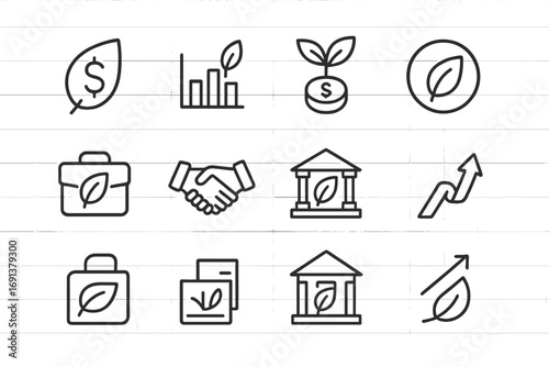Green Investment Icons. Outline icon set of green investments: leaf dollar sign, ethical stock chart, plant