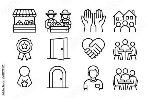 Community Engagement Icons. Outline icon set of community engagement in business: local market, farmers