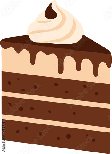 Delicious Chocolate Cake Slice with Creamy Topping and Drizzle.