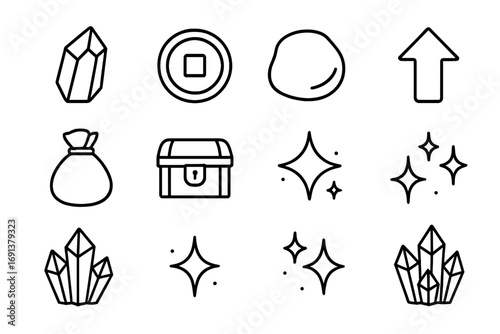 Crystal Abundance Icons. Outline icon set of crystals for abundance: citrine stone, prosperity coin, green