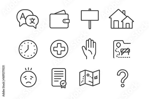 Migrant Challenges Icons. Outline icon set of migrant challenges: language barrier speech bubble, empty wallet, protest sign,
