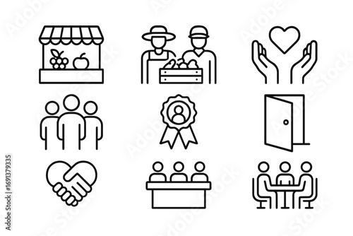 Community Engagement Icons. Outline icon set of community engagement in business: local market, farmers
