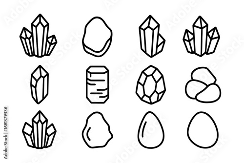 Healing Stones Icons. Outline icon set of popular healing stones: amethyst, rose quartz, clear quartz, citrine
