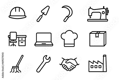 Migrant Workers Icon Set. Outline icon set of migrant workers: hard hat, construction tool, farming sickle, sewing machine, office