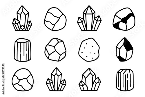 Healing Stones Icons. Outline icon set of popular healing stones: amethyst, rose quartz, clear quartz, citrine