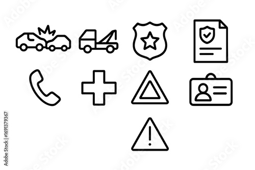 Car Accident Icons. Outline icon set of car accident emergency contacts: car crash, tow truck, police badge,