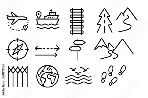 Migration Routes Icons. Outline icon set of migration routes: airplane route, ship path, train tracks, highway, compass, dotted