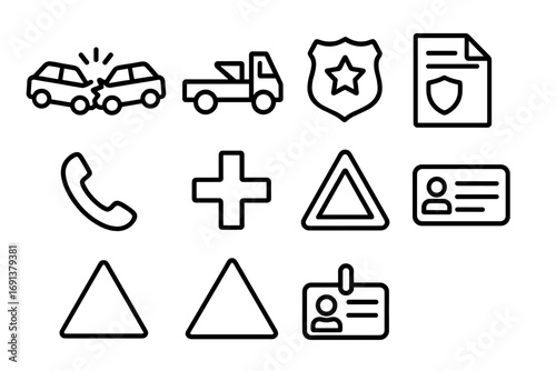Car Accident Icons. Outline icon set of car accident emergency contacts: car crash, tow truck, police badge,