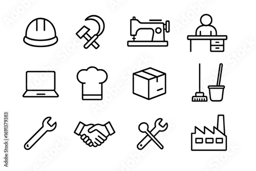 Migrant Workers Icon Set. Outline icon set of migrant workers: hard hat, construction tool, farming sickle, sewing machine, office