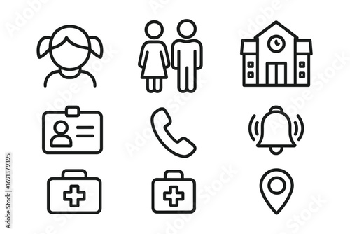 Child Safety Icons. Outline icon set of child safety emergency contacts: child icon, parent figures, school