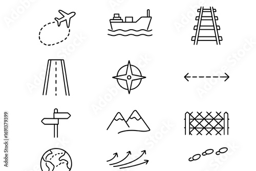 Migration Routes Icons. Outline icon set of migration routes: airplane route, ship path, train tracks, highway, compass, dotted