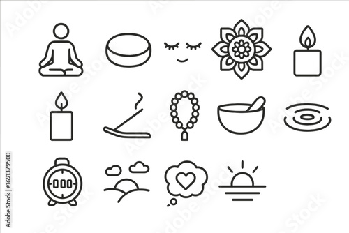 Mindfulness Icon Set. Outline icon set of Mindfulness meditation techniques: lotus position figure, meditation cushion, closed