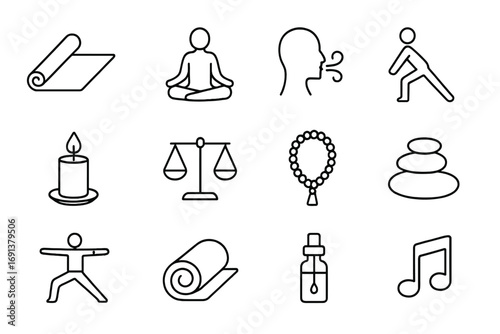 Mindful Movement Icons. Outline icon set of mindful movement: yoga mat, lotus pose, breathing symbol, stretching person, candle,