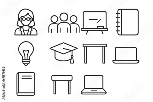Student Collaboration Icons. Outline icon set of student-faculty collaboration: teacher, student group,
