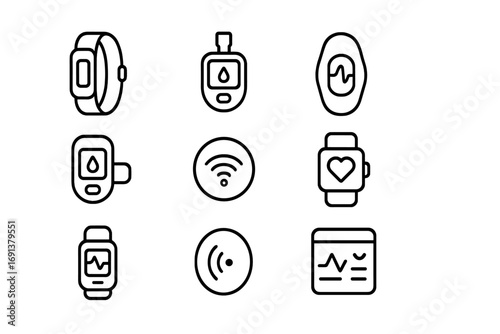 Wearable Health Devices Icons. Outline icon set of wearable health devices: smart band, glucose monitor, ECG