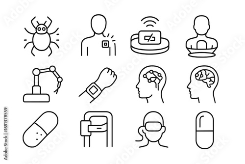 Future Healthcare Implants. Outline icon set of future healthcare implants: nanobots, biochip, wireless