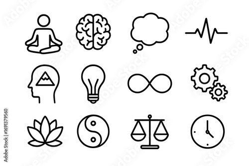Mindfulness Icon Set. Outline icon set of Mind over matter: meditating person, open brain, thought bubble, heartbeat line,