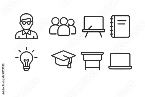 Student Collaboration Icons. Outline icon set of student-faculty collaboration: teacher, student group,