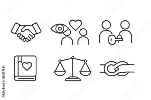 Symbols of Trust. Outline icon set of trust and understanding: handshake, eye contact, heart above two people,