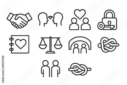 Symbols of Trust. Outline icon set of trust and understanding: handshake, eye contact, heart above two people,